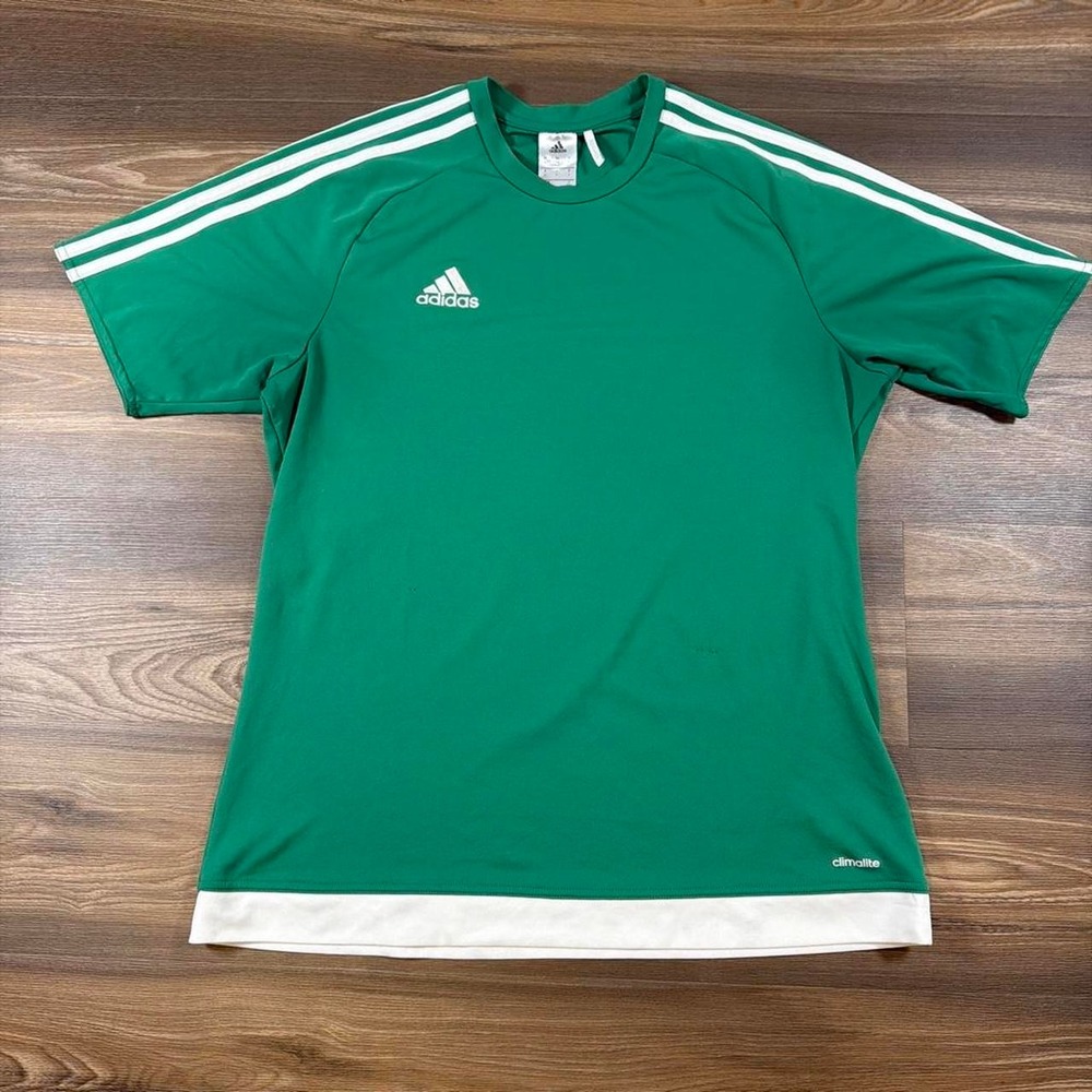 Adidas green & white kids soccer jersey with white stripes on shoulders, size L